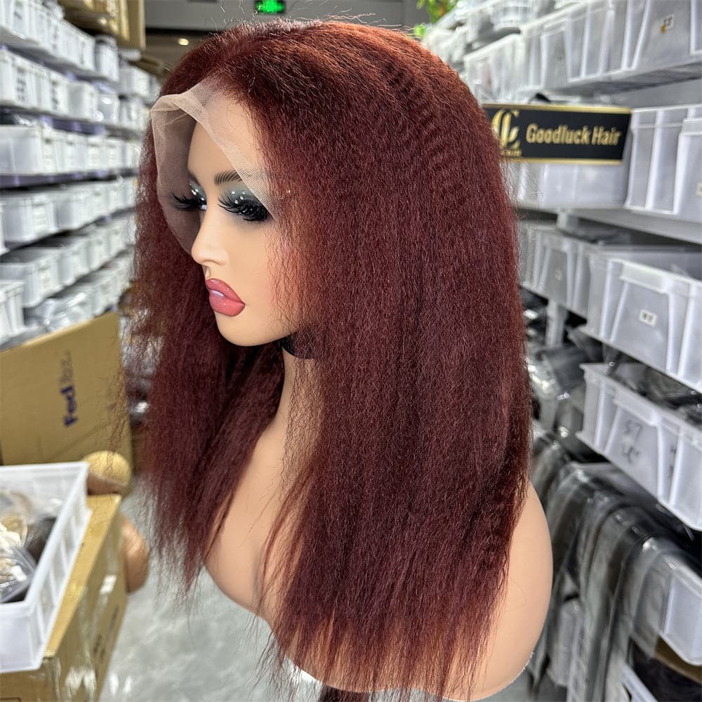 Unprocessed Human Hair Full Frontal 13x4 Wig Kinky Straight Copper Color - Goodluck Hair