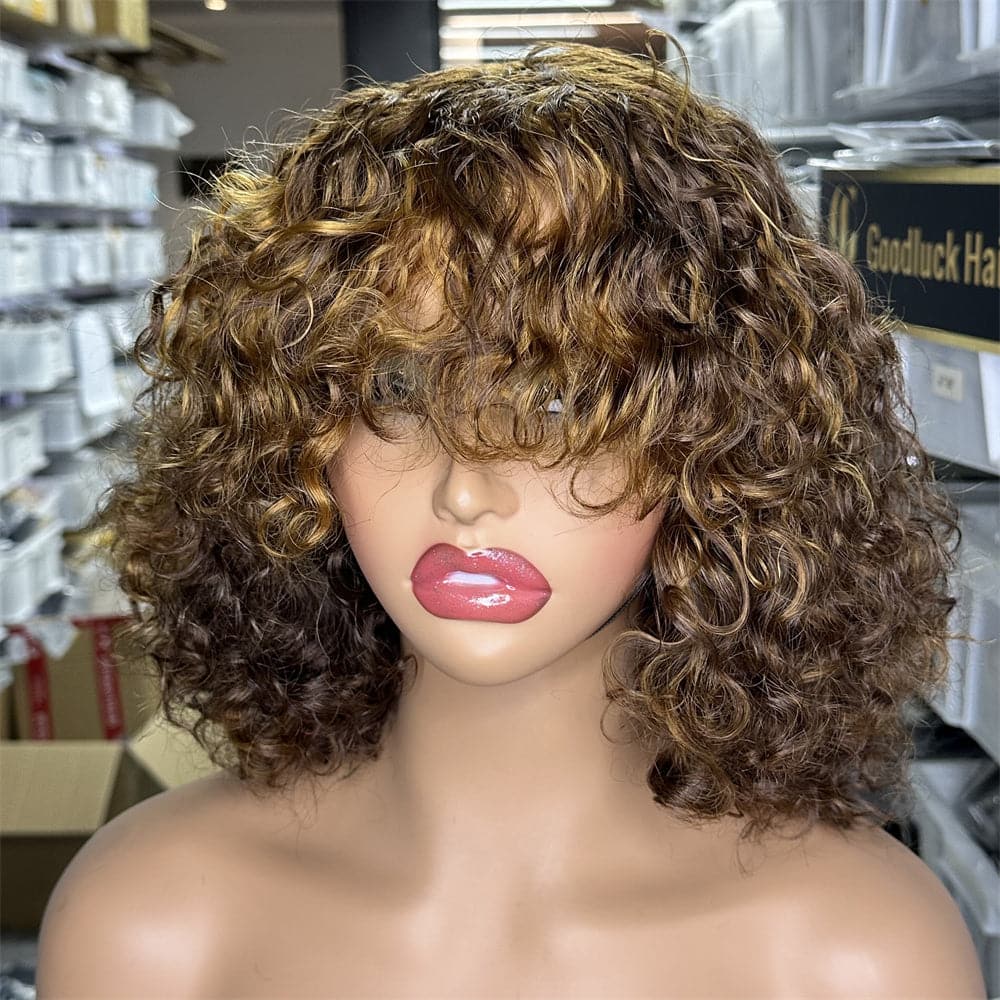 Natural Black Color Machine Made Bang Wig Water Wave Double Drawn - Goodluck Hair